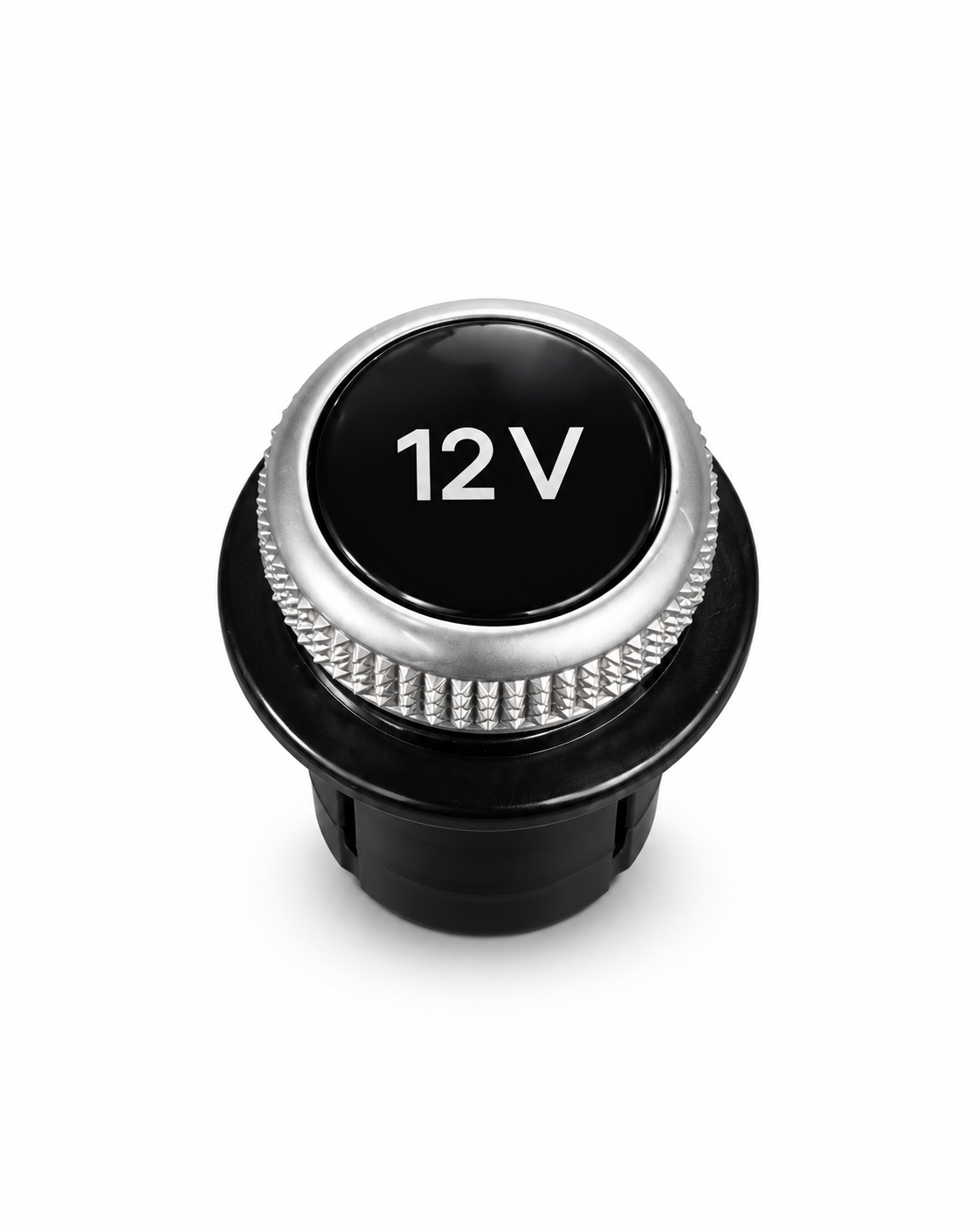 12V-Steckdosen-Abdeckung in Schwarz und Silber mit 12V-Schriftzug – Vorderansicht